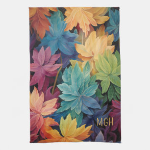 Colourful Autumn Leaves Custom Monogram Tea Towel