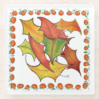 Colourful Autumn Leaves Fall Pumpkins Glass Coaster
