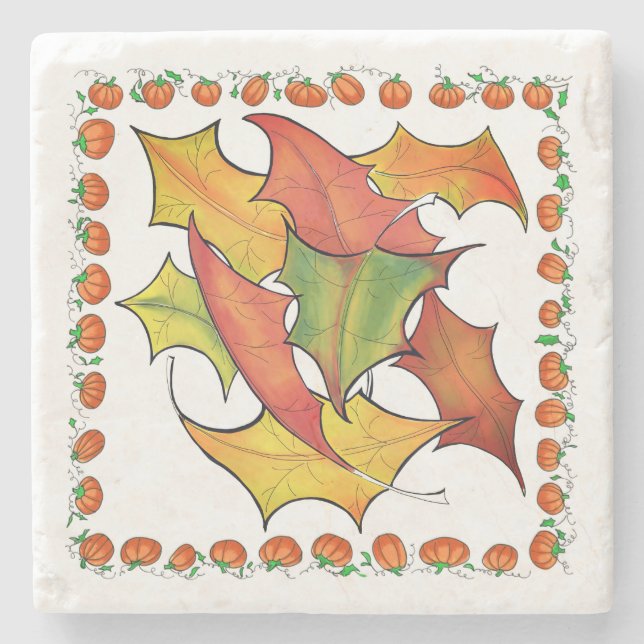 Colourful Autumn Leaves Fall Pumpkins Stone Coaster (Front)