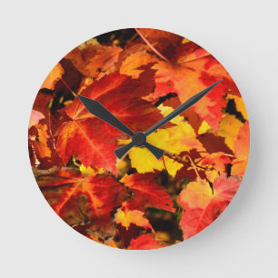 Colourful Autumn Leaves, gold red orange maple lea Round Clock