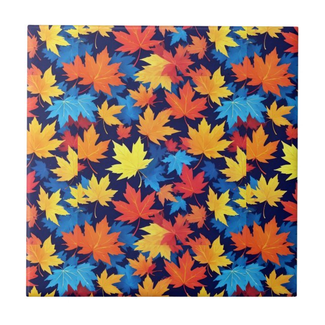 Colourful Autumn Leaves On Dark Blue Background Ceramic Tile (Front)