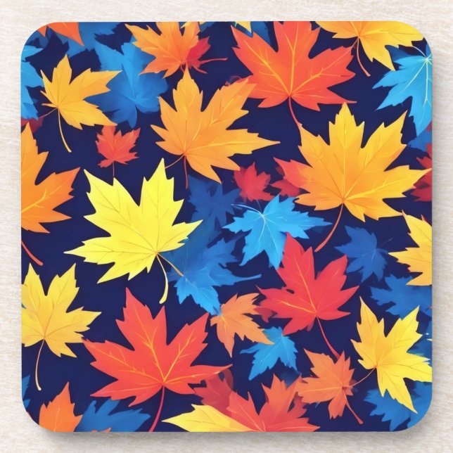 Colourful Autumn Leaves On Dark Blue Background Coaster (Front)