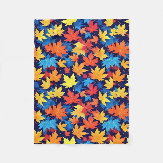 Colourful Autumn Leaves On Dark Blue Background Fleece Blanket (Front)