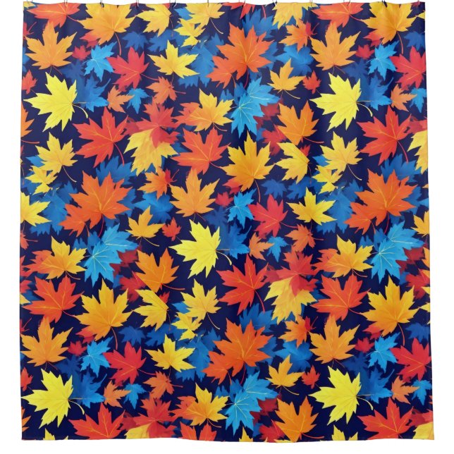 Colourful Autumn Leaves On Dark Blue Background Shower Curtain (Front)