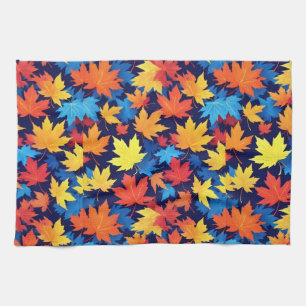Colourful Autumn Leaves On Dark Blue Background Tea Towel