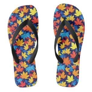 Colourful Autumn Leaves On Dark Blue Background Thongs
