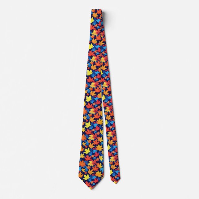 Colourful Autumn Leaves On Dark Blue Background Tie (Front)