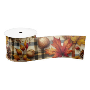 Colourful Autumn Leaves on Plaid  Satin Ribbon