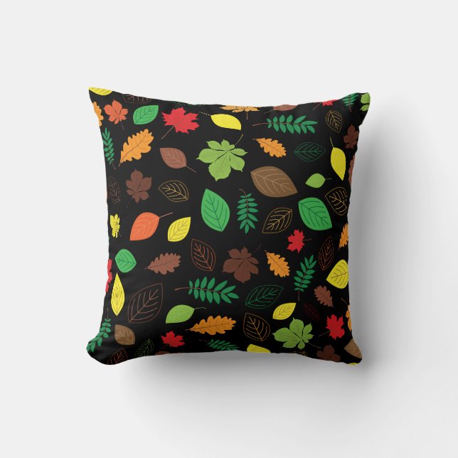 Colourful Autumn Leaves Pattern on Black Cushion (Front)