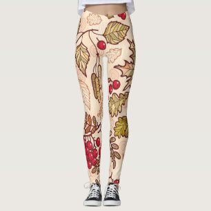 Colourful Autumn Leaves Red Berries Pattern Leggings