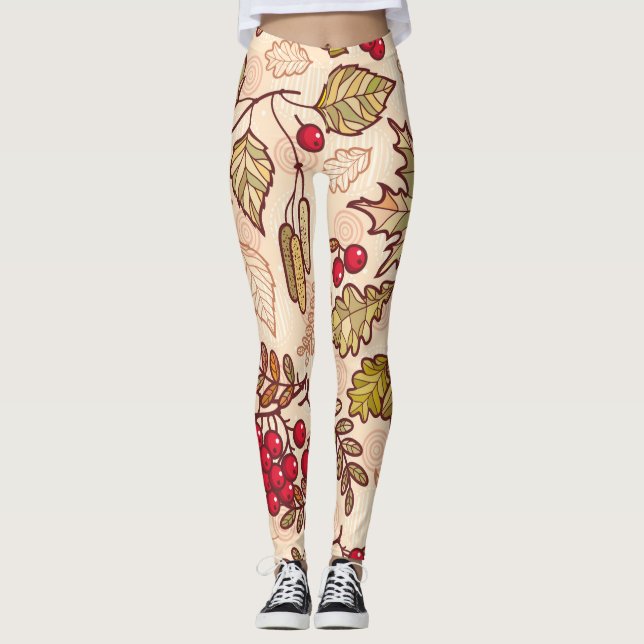 Colourful Autumn Leaves Red Berries Pattern Leggings (Front)