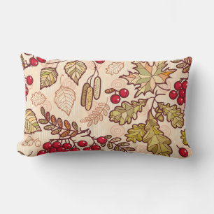 Colourful Autumn Leaves Red Berries Pattern Lumbar Cushion