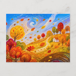 Colourful autumn leaves swirling in wind postcard