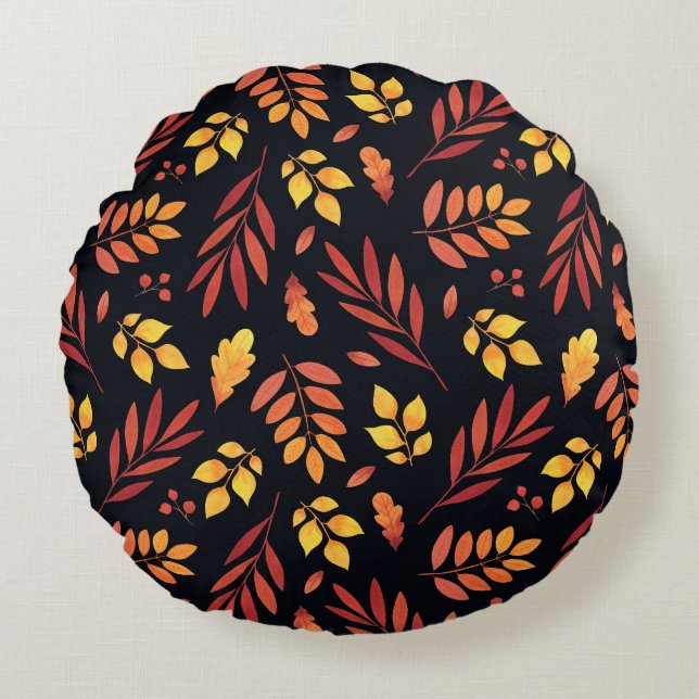 Colourful Autumn Leaves Watercolor Pattern Round Cushion (Front)