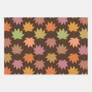 Colourful Autumn Maple leaves on dark brown Wrapping Paper Sheet
