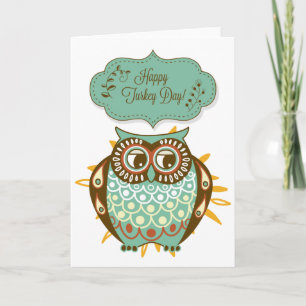 Colourful Autumn Owl Floral Happy Turkey Day Card