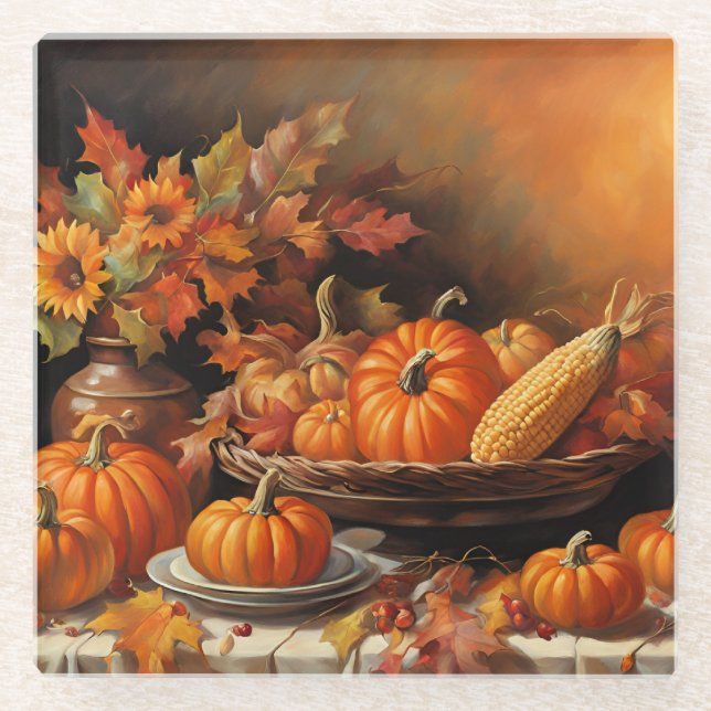 Colourful Autumn Pumpkins Glass Coaster (Front)