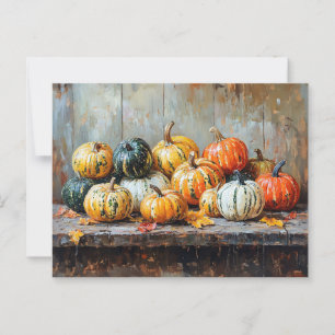 Colourful Autumn Pumpkins on Rustic Table Postcard