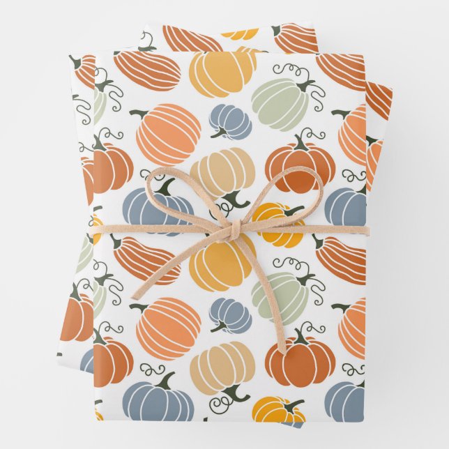 Colourful Autumn Pumpkins Pattern Wrapping Paper Sheet (In situ)