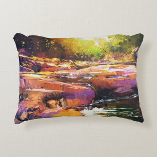 Colourful autumn river, landscape painting. decorative cushion