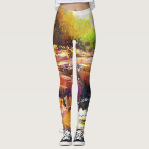 Colourful autumn river, landscape painting. leggings