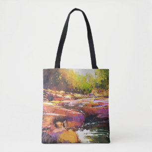 Colourful autumn river, landscape painting. tote bag