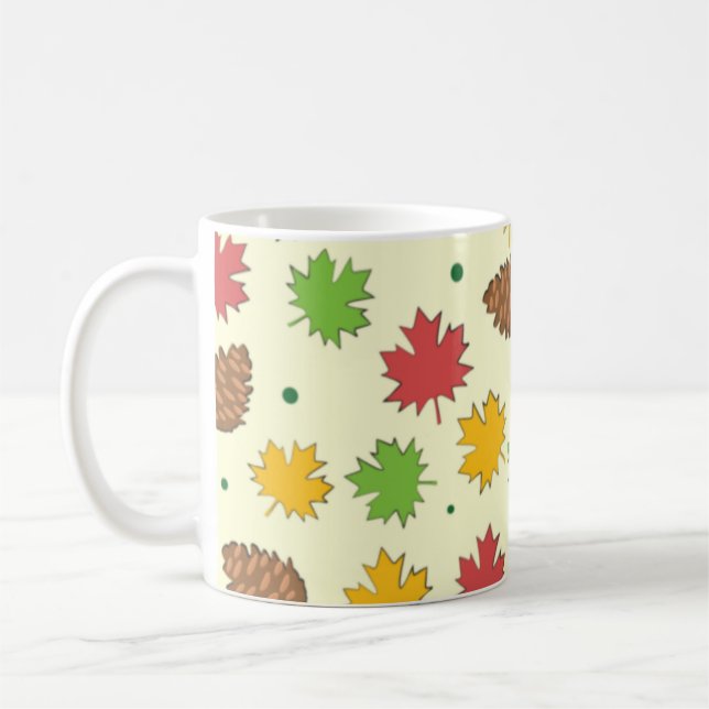Colourful Autumnal Leafs & Pine Cones Pattern  Coffee Mug (Left)