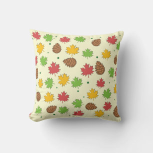Colourful Autumnal Leafs & Pine Cones Pattern Cushion