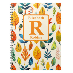 Colourful autums leaves boho personalised monogram notebook