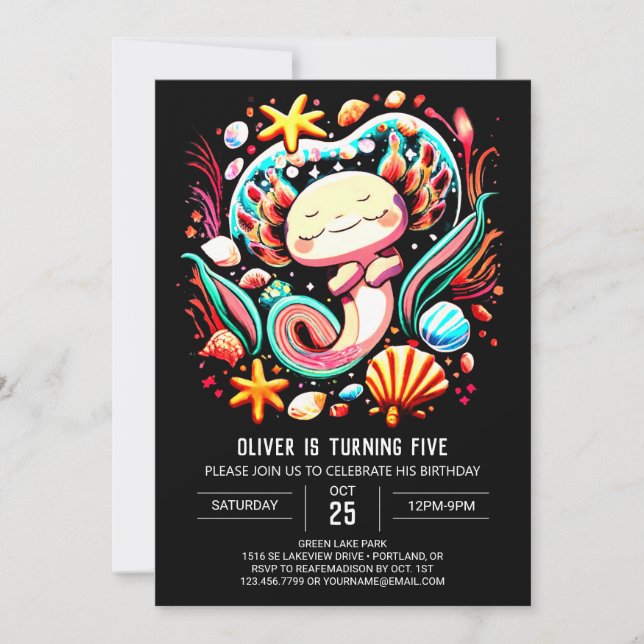 Colourful Axolotl Modern Birthday  Invitation (Front)