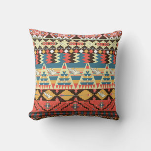 Colourful Aztec: birds, flowers pattern. Cushion