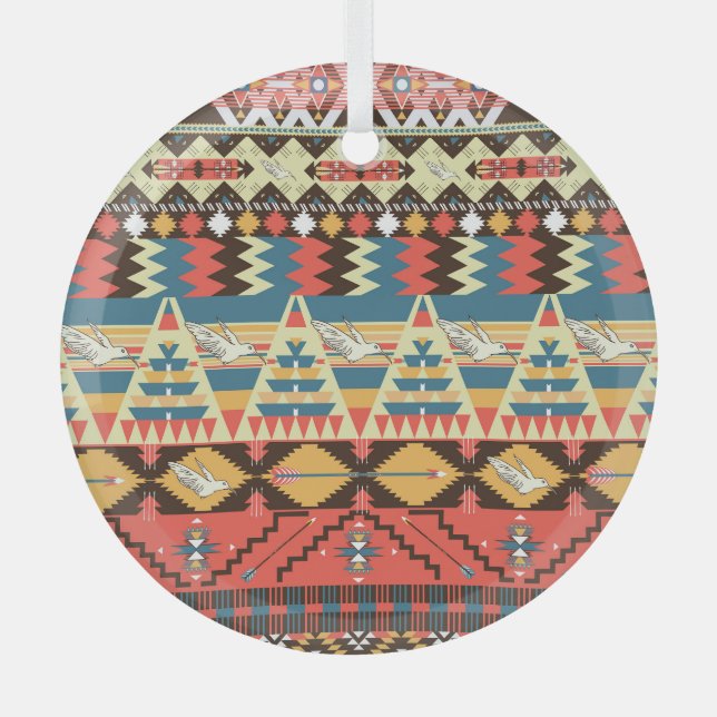 Colourful Aztec: birds, flowers pattern. Glass Tree Decoration (Front)
