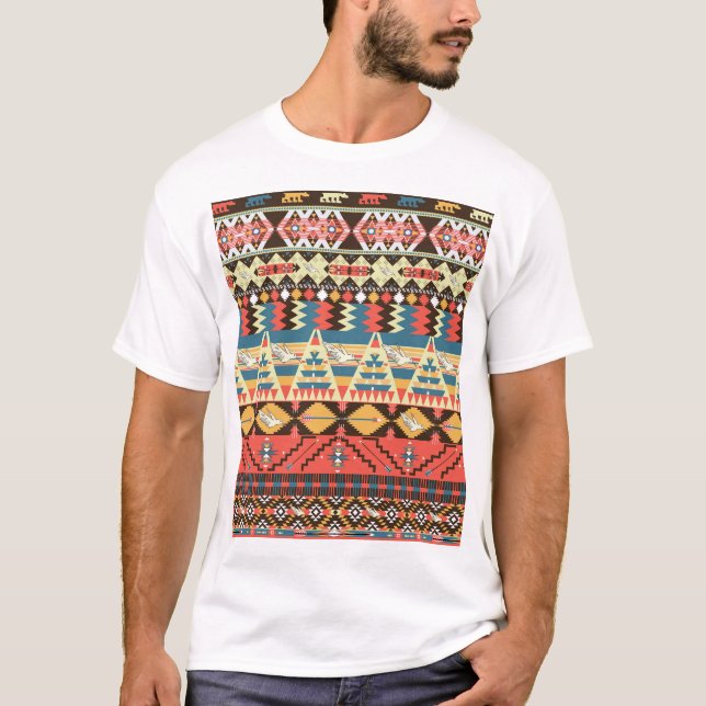 Colourful Aztec: birds, flowers pattern. T-Shirt (Front)