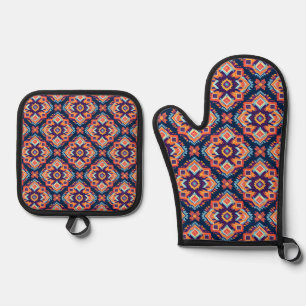 Colourful Aztec Geometric Pattern Oven Mitt & Pot Holder Set