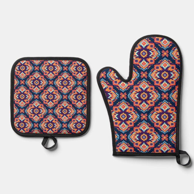 Colourful Aztec Geometric Pattern Oven Mitt & Pot Holder Set (Front)