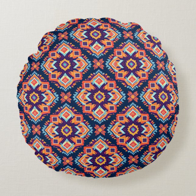 Colourful Aztec Geometric Pattern Round Cushion (Front)