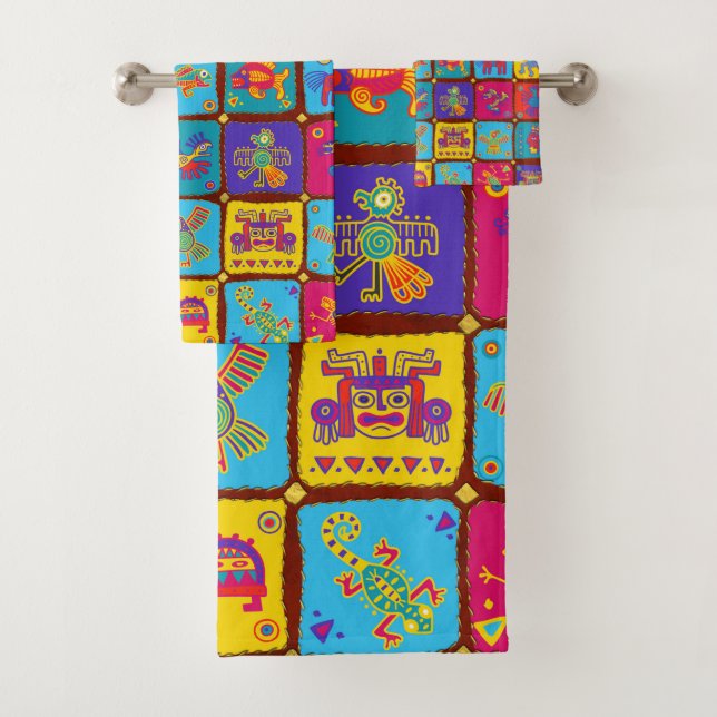 Colourful Aztec Mexican Animals 1 Bath Towel Set (Insitu)