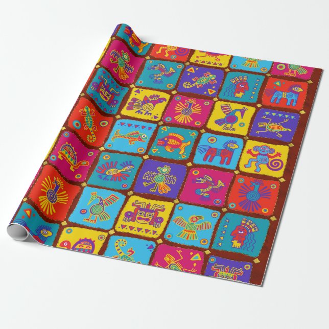 Colourful Aztec Mexican Animals 1 Wrapping Paper (Unrolled)