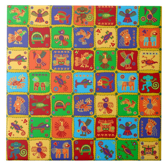 Colourful Aztec Mexican Animals Ceramic Tile (Front)