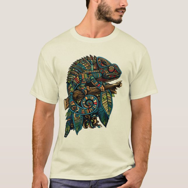 Colourful Aztec Mosaic Chameleon on Branch Leaves T-Shirt (Front)