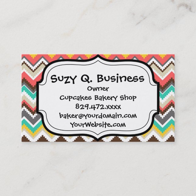 Colourful Aztec Tribal Chevron ZigZag Stripes Prin Business Card (Front)