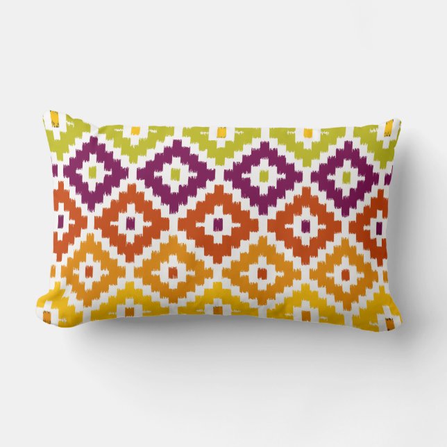 Colourful Aztec Tribal Print Ikat Diamond Pattern Lumbar Cushion (Front)