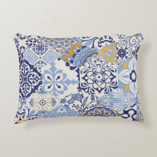 Colourful Azulejos tiles: hand-drawn pattern. Decorative Cushion