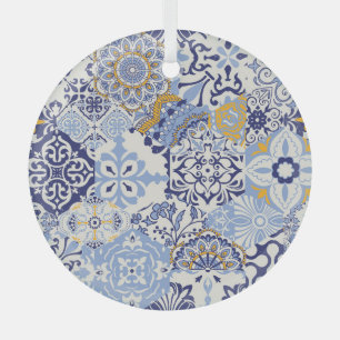 Colourful Azulejos tiles: hand-drawn pattern. Glass Tree Decoration