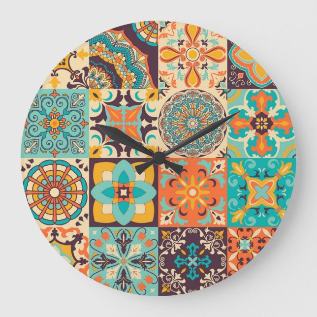 Colourful Azulejos Traditional Tiles Set Large Clock (Front)