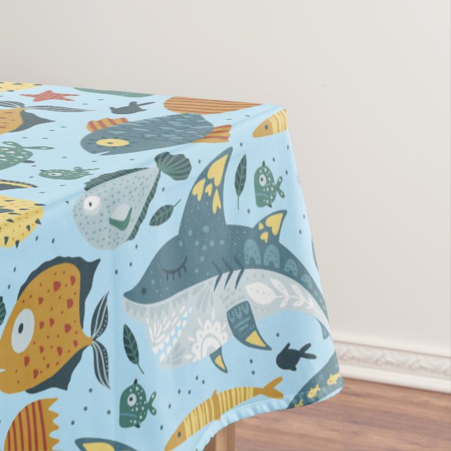 Colourful Baby Boy Birthday Party Decor Sea Shark Tablecloth (In Situ)