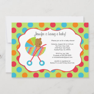 Colourful Baby Carriage Bear Baby Shower Invitatio Invitation