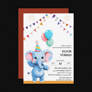 Colourful Baby Elephant with Balloons Baby Shower Invitation