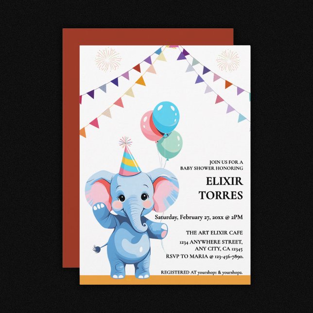 Colourful Baby Elephant with Balloons Baby Shower Invitation (Creator Uploaded)