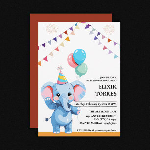 Colourful Baby Elephant with Balloons Baby Shower Invitation